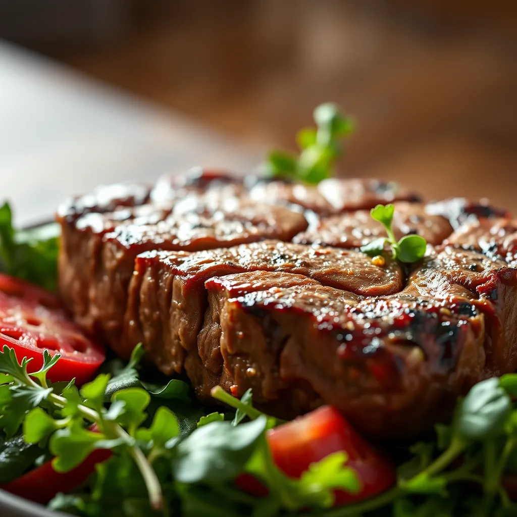 A close-up shot of a juicy, perfectly cooked steak, resting on a bed of fresh greens, showcasing the natural beauty and simplicity of a whole food meal. The lighting should be warm and inviting, emphasizing the quality and wholesomeness of the food.