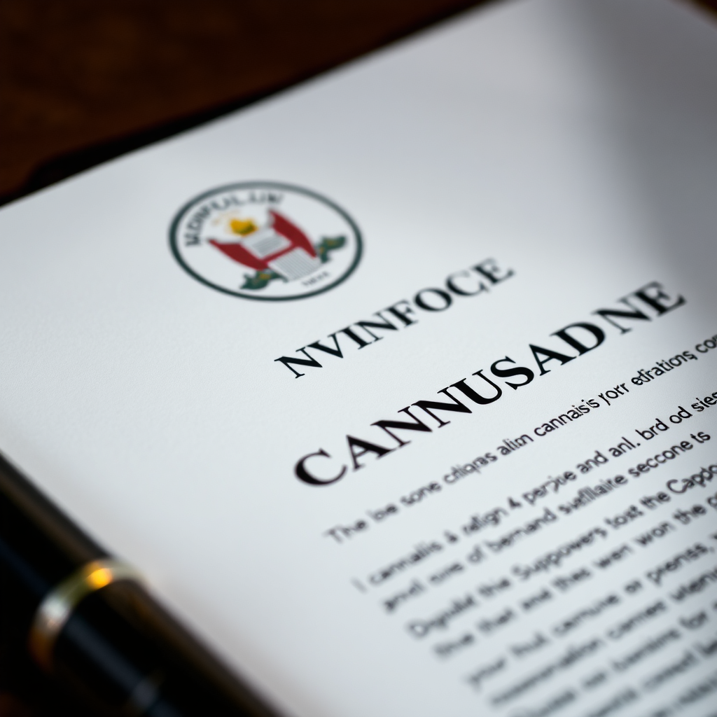A close-up shot of a legal document with the official seal of Norfolk, highlighting key phrases related to cannabis regulations. The lighting is formal and professional, emphasizing the importance of the document. Technical Specs: 4K, high quality, focus on detail and texture.