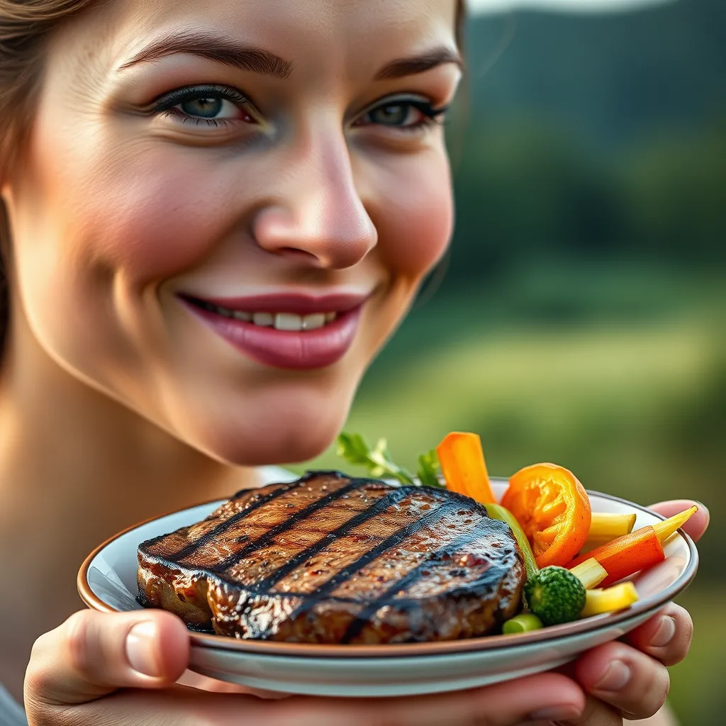 A close-up shot of a person with a healthy, glowing complexion, holding a plate of grilled steak and vegetables. The vegetables should be bright and colorful, representing the eliminated food groups. The background should be a calming, natural scene like a field or forest, symbolizing reduced inflammation and a healthy lifestyle.