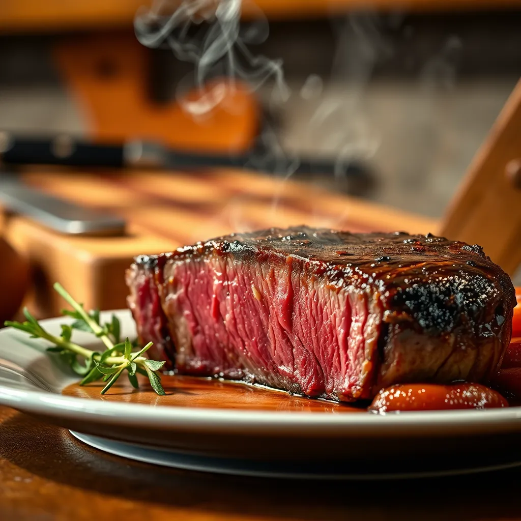 A close-up shot of a plate of perfectly cooked steak with steam rising, but with a subtle, almost imperceptible haze surrounding the meat, symbolizing the hidden histamine lurking within. The background is a blurred, warm-toned kitchen with a rustic wooden cutting board and a chef's knife in the background.  The overall atmosphere should be inviting, yet slightly ominous, hinting at the potential for unexpected reactions.