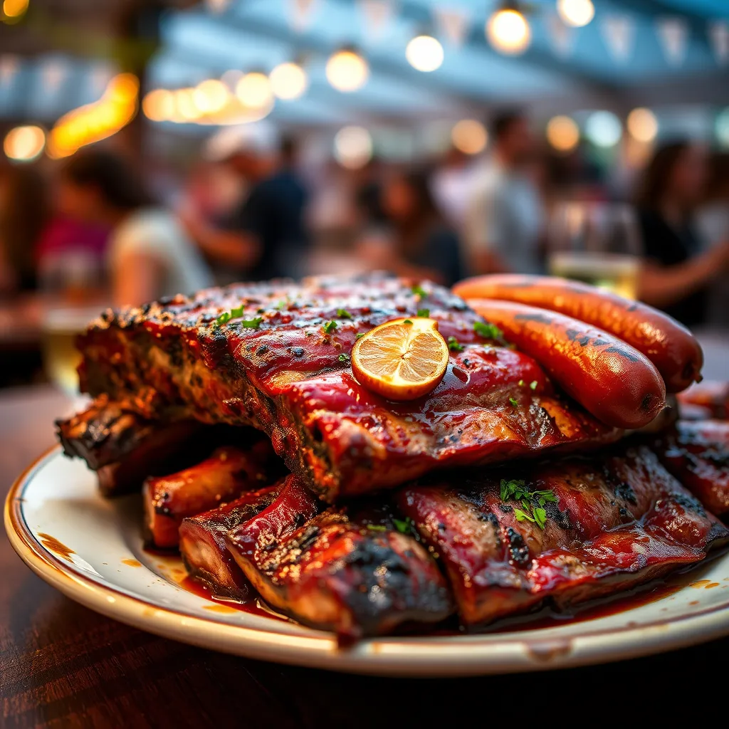A close-up shot of a plate piled high with succulent ribs and grilled sausage, showcasing the enticing aroma and smoky flavors of the carnivore-friendly feast. The plate is set against a backdrop of the vibrant Town Point Wine Festival atmosphere, with blurred images of people enjoying food and drinks in the background.