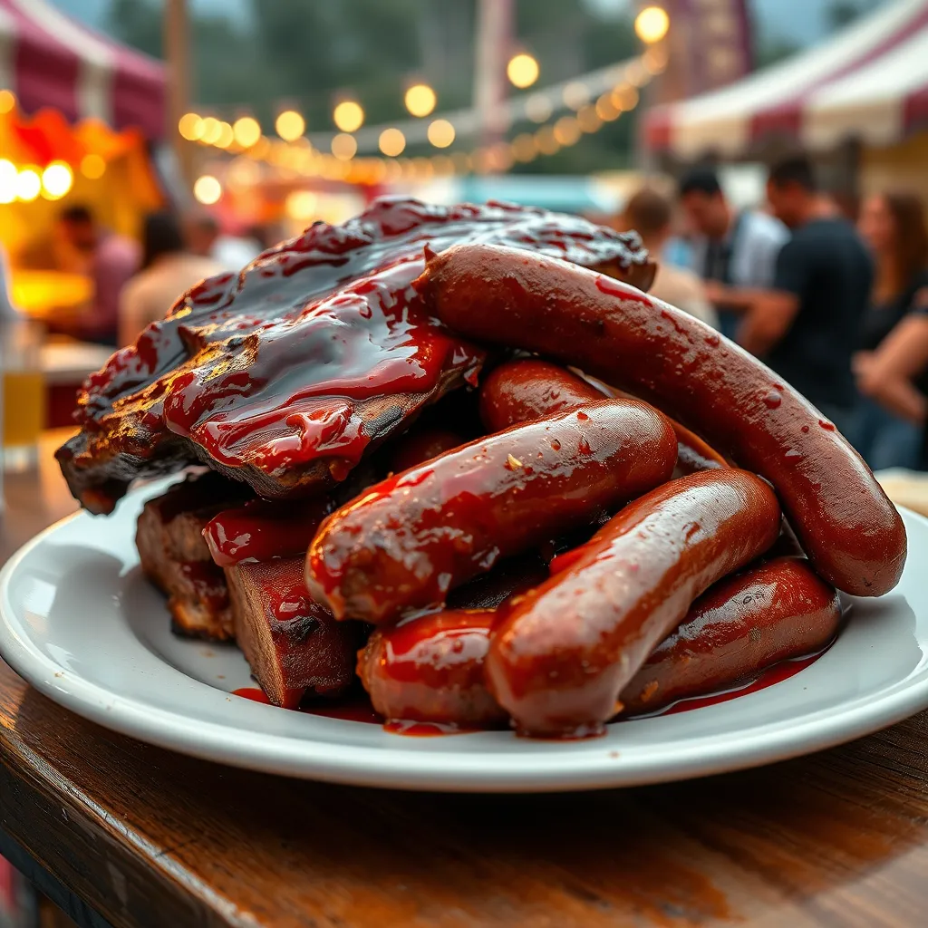 A close-up shot of a plate piled high with juicy, smoky ribs and flavorful sausage links. The ribs are glistening with barbeque sauce, and the sausage is cooked to perfection, with a hint of spice. The plate is set against a backdrop of a bustling festival scene, with people enjoying food and drink.