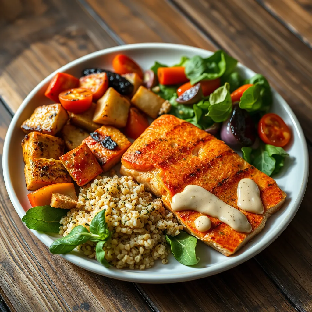 A close-up shot of a plate with a variety of colorful and appetizing high-protein meals, such as grilled chicken breast with roasted vegetables, salmon with quinoa, and a leafy green salad with a protein-rich dressing. The plate should be set on a rustic wooden table with natural lighting.