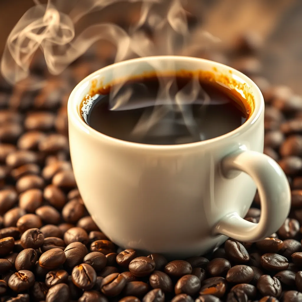 A close-up shot of a steaming cup of coffee with coffee beans scattered around it. The coffee should be dark and rich, with steam rising from the cup. The image should convey energy and vitality, highlighting the energizing properties of coffee.