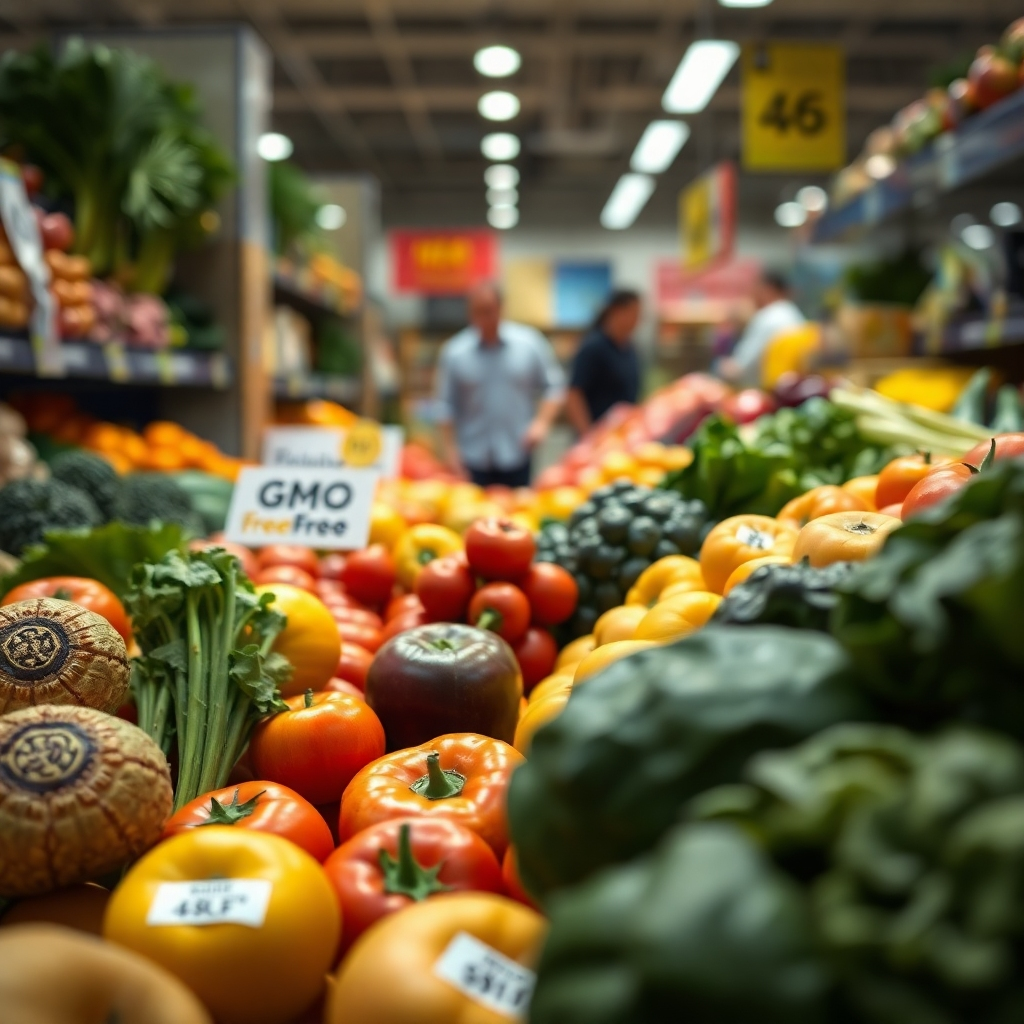 A close-up shot of a supermarket aisle with a variety of fruits and vegetables. Some are labeled 'GMO-Free', while others are not. The background is blurred, with shoppers in the distance. The focus is on the contrasting labels and the sense of uncertainty they create for consumers.