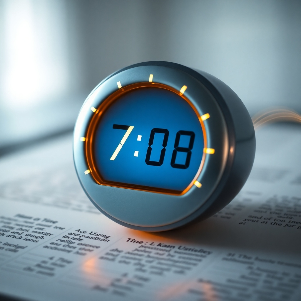 A close-up shot of a timer set to 7 minutes, glowing with a soft, golden light. Surrounding the timer are subtle visual representations of sound waves and biblical text, blending seamlessly into the background. The overall feel is clean, modern, and inviting, suggesting efficiency and spiritual fulfillment. The lighting is soft and diffused, creating a sense of peace and tranquility. The timer should appear slightly elevated, as if floating in the air. 4K resolution, high quality.