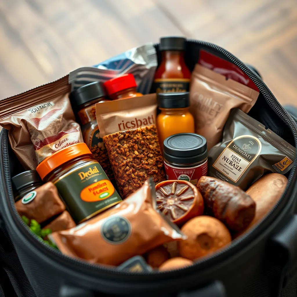 A close-up shot of a travel bag packed with various meat snacks, spices, condiments, and protein bars, with a focus on the variety and deliciousness of the carnivore-friendly items.