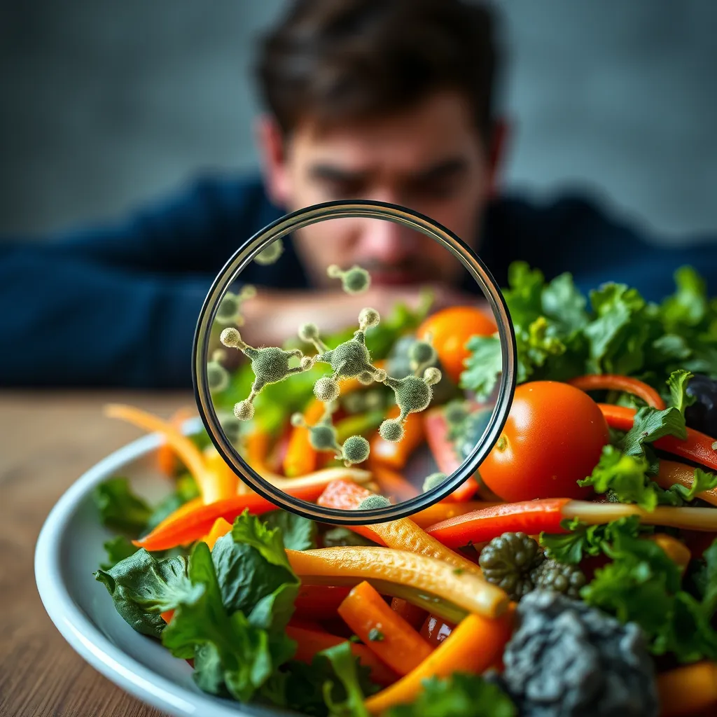 A close-up shot of a vibrant plate filled with various vegetables, with a magnifying glass highlighting a specific vegetable revealing tiny, intricate molecules representing anti-nutrients. The background should be a blurred image of a person looking tired and confused, symbolizing brain fog.