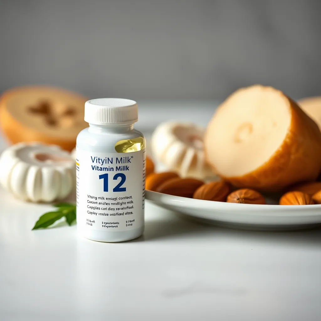 A close-up shot of a vitamin B12 supplement capsule next to a plate of fortified plant-based milk, like almond milk or soy milk. The scene is clean and focused on the supplements and fortified food, highlighting their importance for a balanced vegan diet.