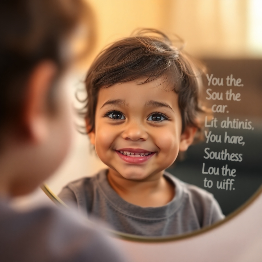  A close-up shot of a young child looking confidently into a mirror, with positive affirmations subtly reflected around them. The child is smiling, radiating self-assurance. Soft, warm lighting emphasizes the child's positive expression. The background is blurred to keep the focus on the child and the reflections. The style should be photorealistic with a touch of magic. Technical specs: 4K resolution, high quality.