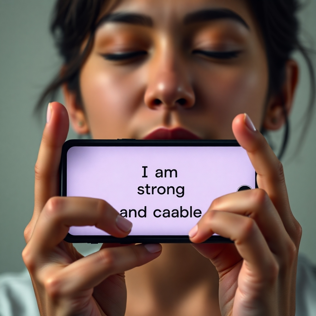 A close-up shot of a YouTuber's hands holding a phone displaying a positive affirmation, such as 'I am strong and capable'. Their face is relaxed and peaceful, eyes closed in meditation. Soft lighting, a calm and serene background. Photorealistic style, focus on hands and expression.