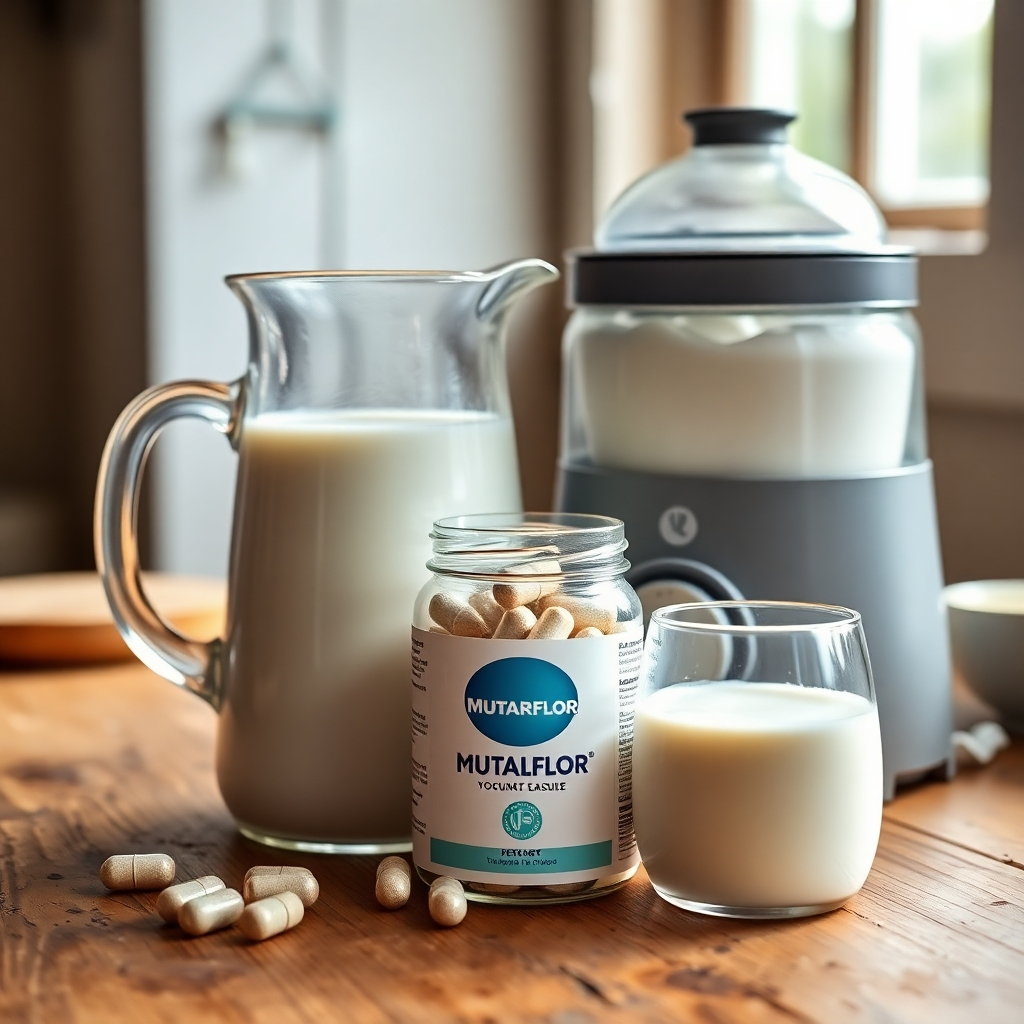 A close-up shot of fresh milk in a glass pitcher, a jar of Mutaflor capsules, and a yogurt maker with a glass jar ready to be filled. The background is a rustic wooden table with natural light coming in from a window. The image has a warm and inviting aesthetic, highlighting the natural and healthy ingredients of the yogurt.