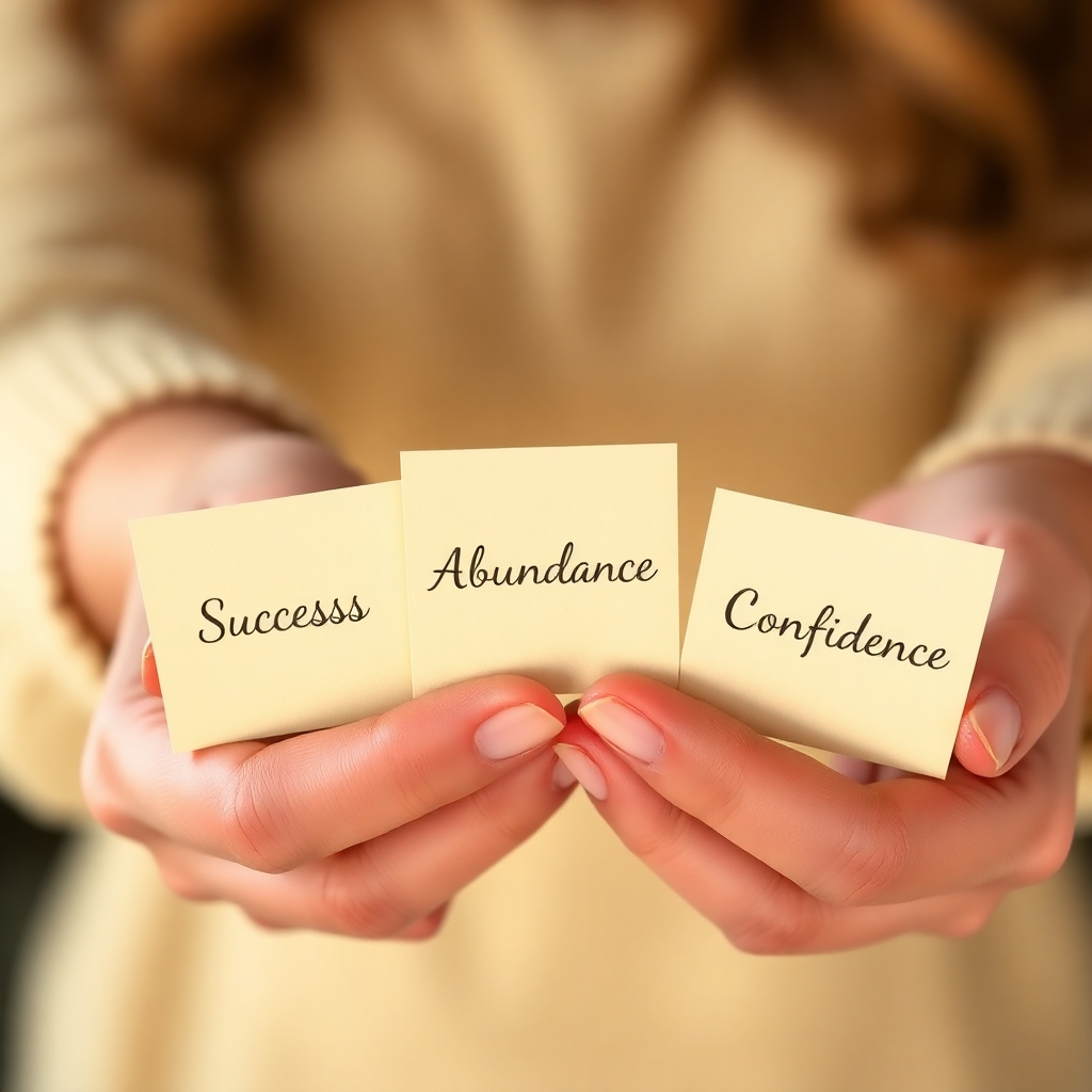 A close-up shot of hands holding affirmation cards, each displaying a single powerful word like 'Success,' 'Abundance,' or 'Confidence'. Soft, diffused lighting highlights the texture of the cards. The background is blurred, creating a sense of focus on the affirmations. The color palette is warm and inviting, with golds and yellows dominating. Style: Minimalist and elegant. Technical specs: High-resolution, shallow depth of field.