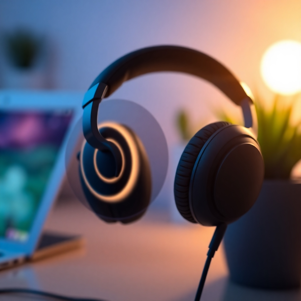 A close-up shot of noise-canceling headphones with subtle sound waves emanating from them, visualized as glowing concentric circles. The background is blurred and features a workspace with a laptop and plants. The color palette is calming, with blues and greens.
