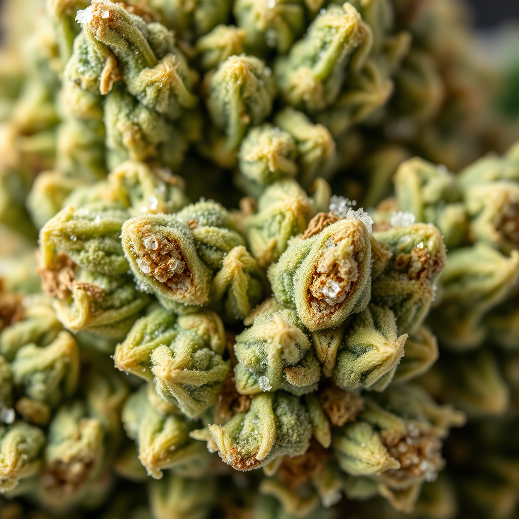A close-up shot of OG Kush buds, showcasing their dense structure, vibrant green color, and abundance of trichomes. The image should emphasize the strain's unique characteristics, such as its earthy and citrusy aroma. Lighting should be focused to highlight the trichomes. Style: Macro cannabis photography. Technical specs: 4K resolution, sharp focus, detailed texture.