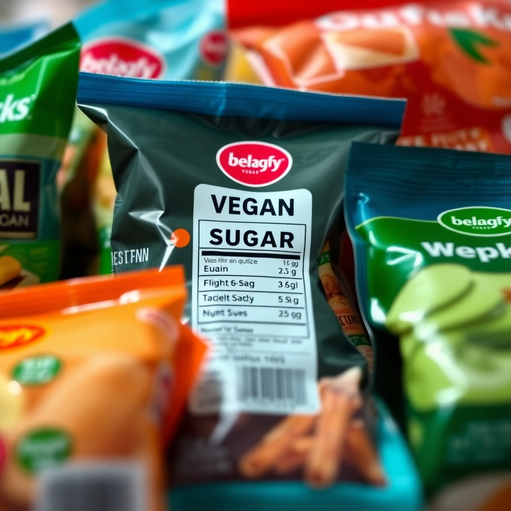 A close-up shot of various processed vegan food packages, highlighting labels with high sugar content. The background should be slightly blurred, focusing attention on the sugar content. The overall style should be photorealistic, with vibrant colors and sharp details. Use a shallow depth of field to emphasize the labels.