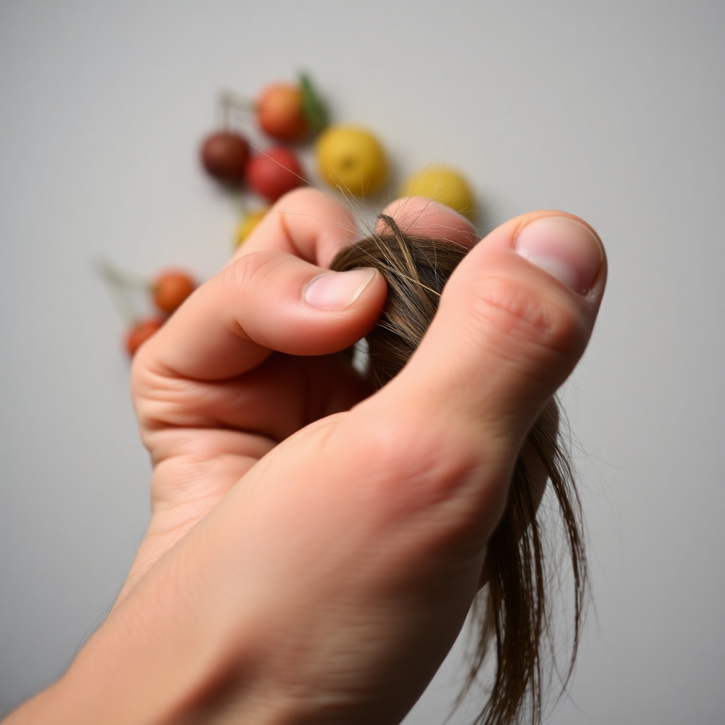 A close-up, slightly blurred photograph of a hand compulsively pulling at strands of hair. The background is minimalist, with a subtle, out-of-focus image of various fruits. The color palette should be muted and desaturated, emphasizing the anxiety and compulsion associated with tics. The lighting should be stark and unflattering, highlighting the stress and physical manifestation of neurological imbalance.