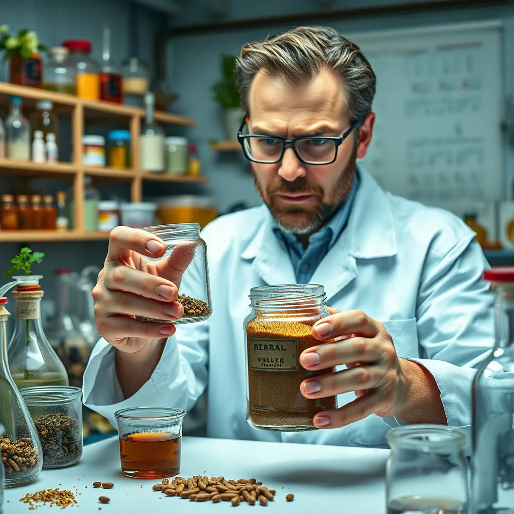 A cluttered laboratory with beakers, vials, and various herbal ingredients.  A scientist is examining a jar of herbal supplement powder with a skeptical expression, emphasizing the need for rigorous quality control and testing.