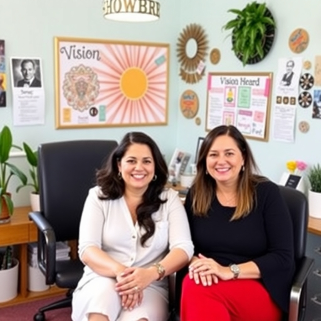 A coach and client in a bright, vibrant office with vision boards and manifestation tools displayed.