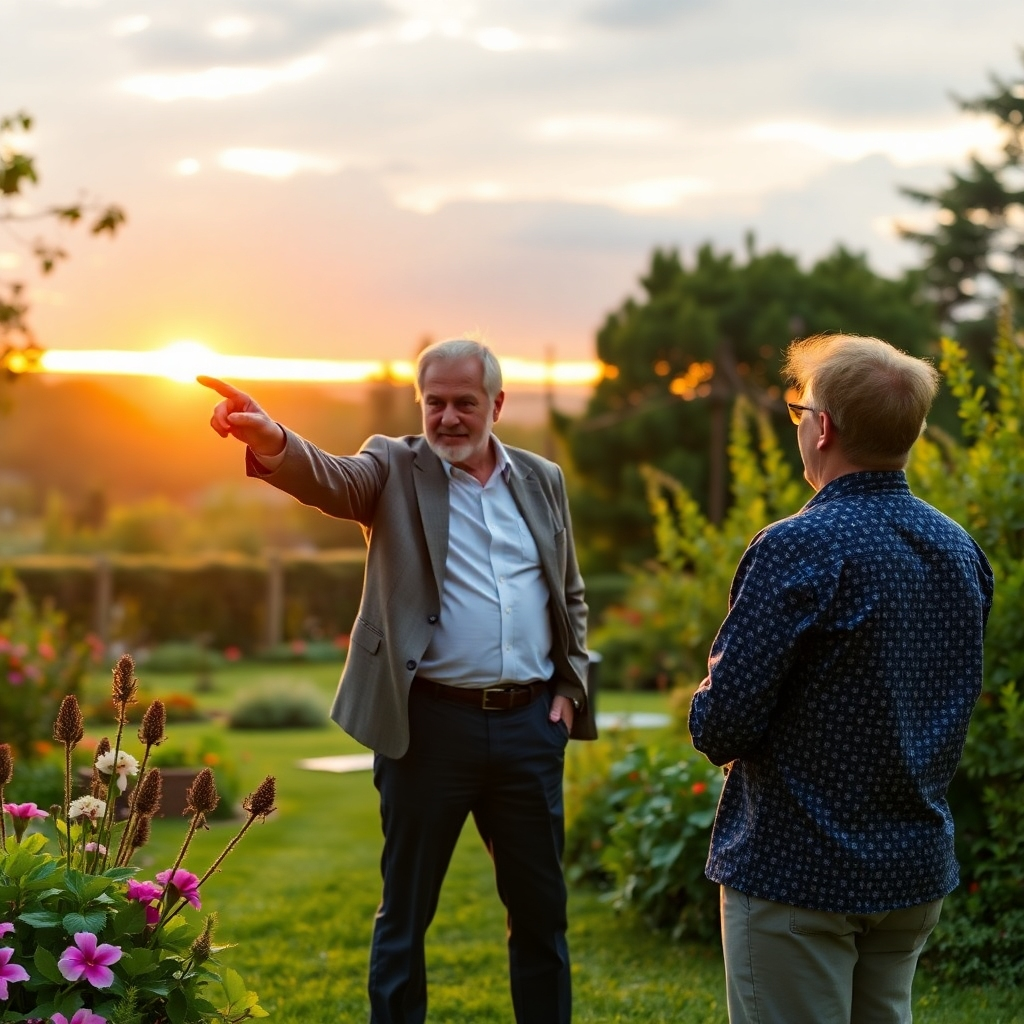 A coach mentoring someone in a peaceful garden setting. The coach is pointing towards a horizon filled with golden light, symbolizing opportunities and possibilities. The overall tone is inspiring and hopeful.
