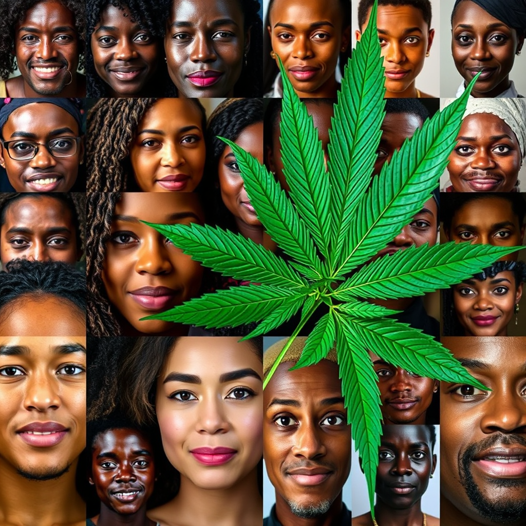 A collage of diverse faces representing the community of Norfolk, with cannabis leaves subtly integrated into the background. The lighting is natural and inclusive, conveying a sense of unity and diversity. The color palette is vibrant and multicultural. This image should evoke a sense of community and connection.