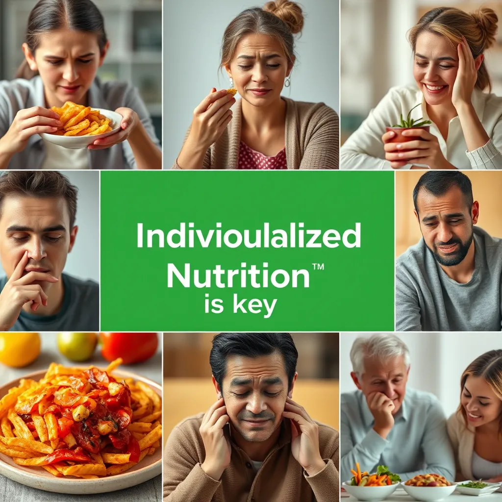 A collage of images depicting different types of food, some high in fiber and others low in fiber, with diverse people reacting to them in various ways, some feeling good, others feeling discomfort, with a text overlay emphasizing 'Individualized Nutrition' is key.