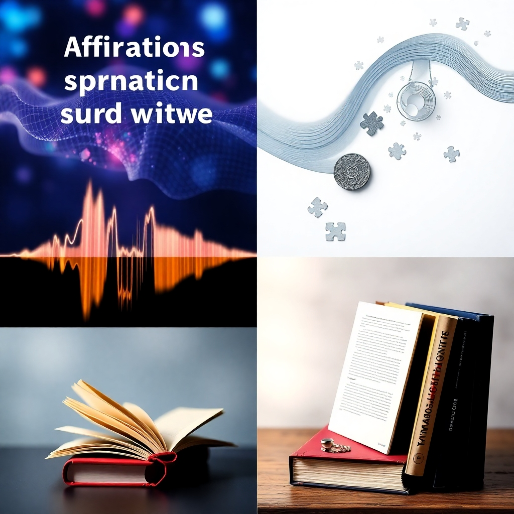 A collage of images representing the different components of the learning system: affirmations, sound waves, puzzles, and books. The images are interconnected, showing the holistic nature of the approach. Style: Clean and modern, using a grid layout. Technical specs: 4k, high quality, detailed.