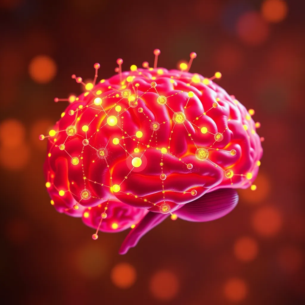 A colorful, artistic representation of a brain with glowing neurons interconnected, highlighting the role of omega-3s in brain cell communication. The background should be a warm, calming color palette, symbolizing a positive mood and emotional balance.