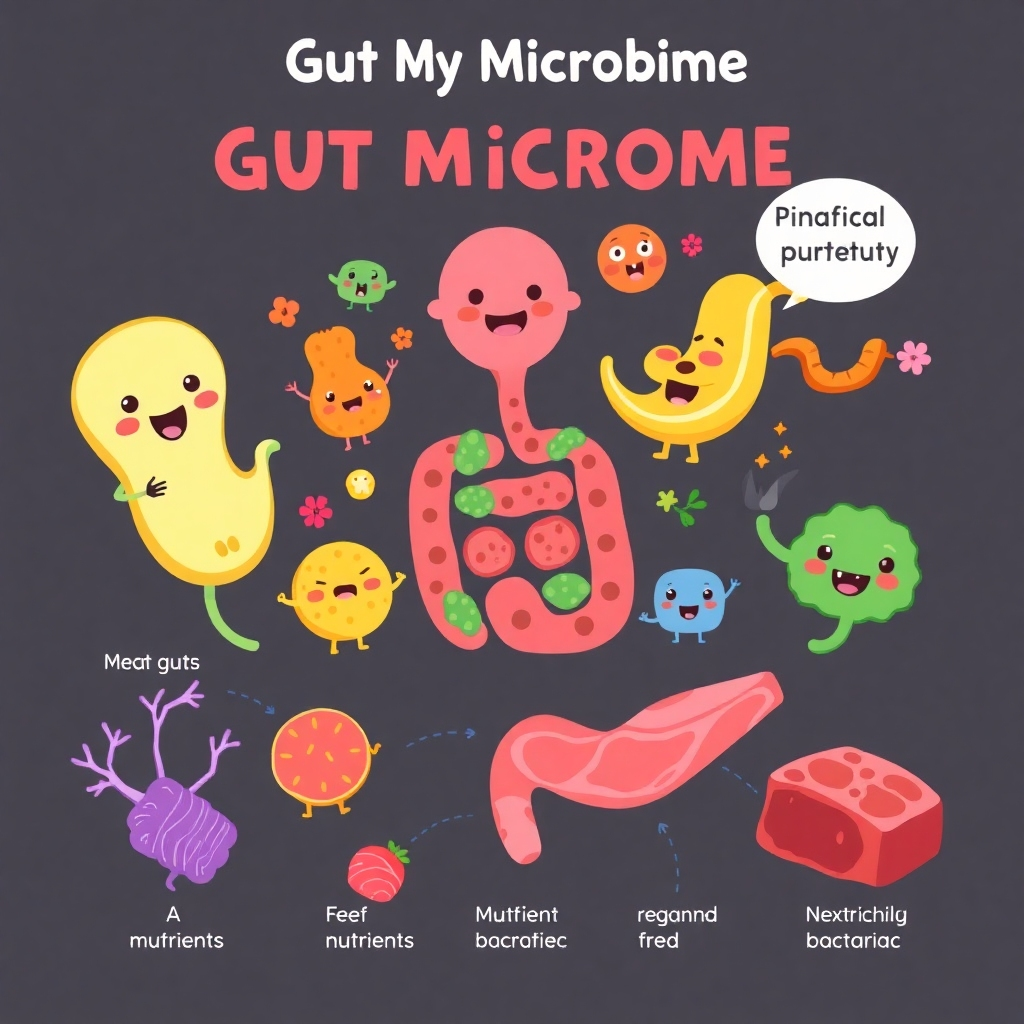 A colorful, stylized graphic illustrating a healthy gut microbiome, with various beneficial bacteria represented as cute, friendly characters. Meat-based nutrients are shown feeding these characters. Playful and informative style.