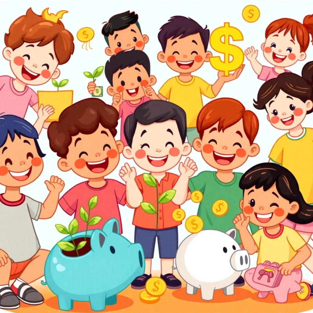 A colorful, stylized illustration showing children of diverse backgrounds happily interacting with positive money-related symbols, like growing plants representing investment or money flowing into piggy banks.  Emphasize the joy and positivity of building good habits.  4K resolution, focus on bright, engaging visuals.