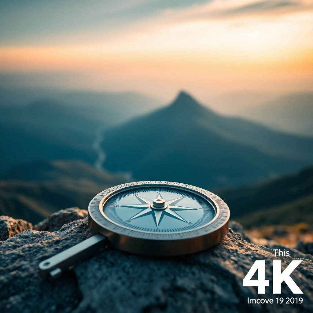 A compass pointing towards a distant mountain peak. The compass represents guidance and direction, while the mountain peak symbolizes ambition and achievement. The background is a vast and open landscape, suggesting endless possibilities and opportunities. The overall feel is empowering and inspiring, conveying a message of purpose and determination. 4K resolution, high quality.