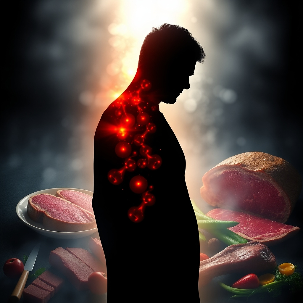 A compelling image showing a person struggling with a chronic illness, represented by a dark, shadowy figure, gradually transforming into a healthy and vibrant individual. The transformation could be depicted by the dark figure being enveloped in a glowing light, symbolizing the positive effects of the Carnivore Diet. The background could feature a visual representation of a healthy lifestyle with elements like fresh meat, exercise, and natural landscapes.