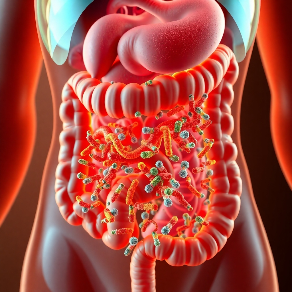 A complex illustration depicting a human digestive system with different sections highlighted. Tiny, colorful bacteria representing the gut microbiome are swarming within the intestines. Some bacteria are thriving, while others are struggling, reflecting the potential imbalance caused by GMO consumption.