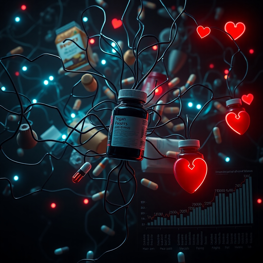A conceptual image depicting a complex web connecting processed food packaging (vegan and otherwise), pharmaceutical pills, and medical charts showing rising rates of chronic illnesses like diabetes and heart disease. The style should be dark and slightly ominous, highlighting the interconnectedness.