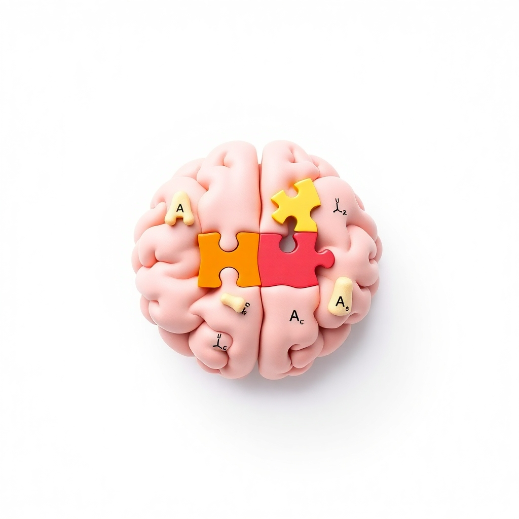 A conceptual image depicting a brain puzzle with several pieces missing. The missing pieces are represented by stylized depictions of essential amino acids and fats. The background should be clean and minimalist, emphasizing the importance of these missing elements. The color palette should be bright and optimistic, highlighting the potential for improvement through proper nutrition.