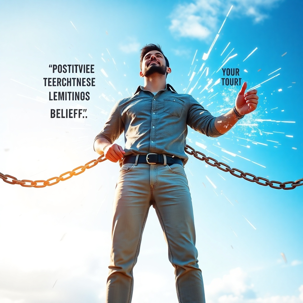 A conceptual image representing the breaking of limiting beliefs. Depict a person standing confidently as they shatter chains that bind them. The chains represent negative beliefs and self-doubt. Positive affirmations are visualized as radiant energy that breaks the chains, freeing the person to pursue their dreams. The background is a bright and open sky, symbolizing freedom and possibility. The color palette is bold and empowering, featuring hues of blue, gold, and white. The camera angle is a medium shot, focusing on the person's face and the breaking chains. 4K resolution, high quality, conveying a sense of liberation, strength, and self-belief.