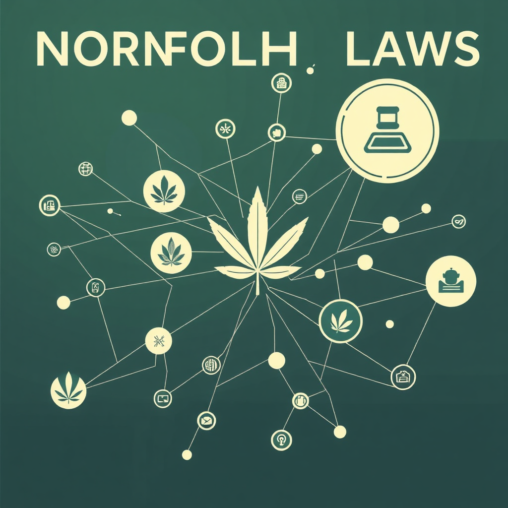 A conceptual image representing the complex web of cannabis laws in Norfolk, VA. The scene should feature interconnected lines and symbols, forming a visual representation of the legal framework. Use a color palette of muted greens, grays, and blues to convey a sense of seriousness and complexity. The style is abstract and informative, focusing on clarity and precision. Render in high resolution with sharp lines and clean details.