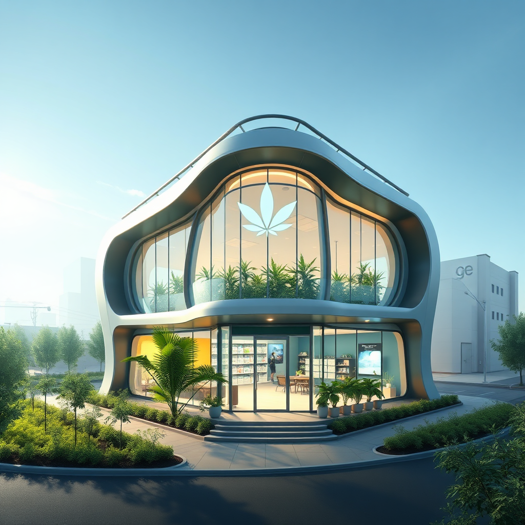 A conceptual image representing the future of cannabis dispensaries in Norfolk. The scene could depict a futuristic dispensary with modern architecture, integrated seamlessly into the cityscape. The lighting is bright and optimistic, with a focus on innovation and sustainability. Technical Specs: 4K, high quality, futuristic design elements.