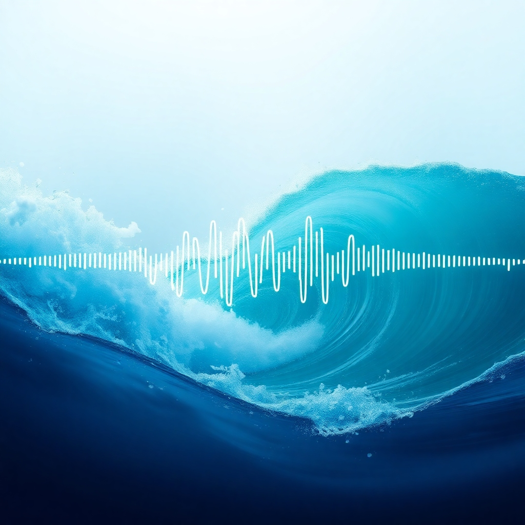 A conceptual image showcasing the synergy between sound and nature. The image features intertwined representations of a sine wave and ocean waves, blending seamlessly into a single, harmonious visual. Use a color palette of calming blues and greens to reinforce the sense of relaxation. Style: Abstract, digital art. Resolution: 4K.