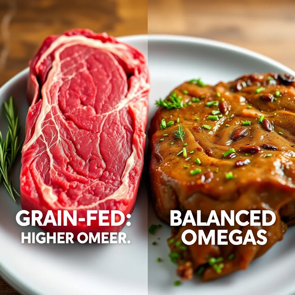 A contrasting image showing a plate of grain-fed beef alongside a plate of grass-fed beef, emphasizing the differences in their marbling, color, and texture.  Use text overlay: 'Grain-Fed: Higher Omega-6' and 'Grass-Fed: Balanced Omegas'
