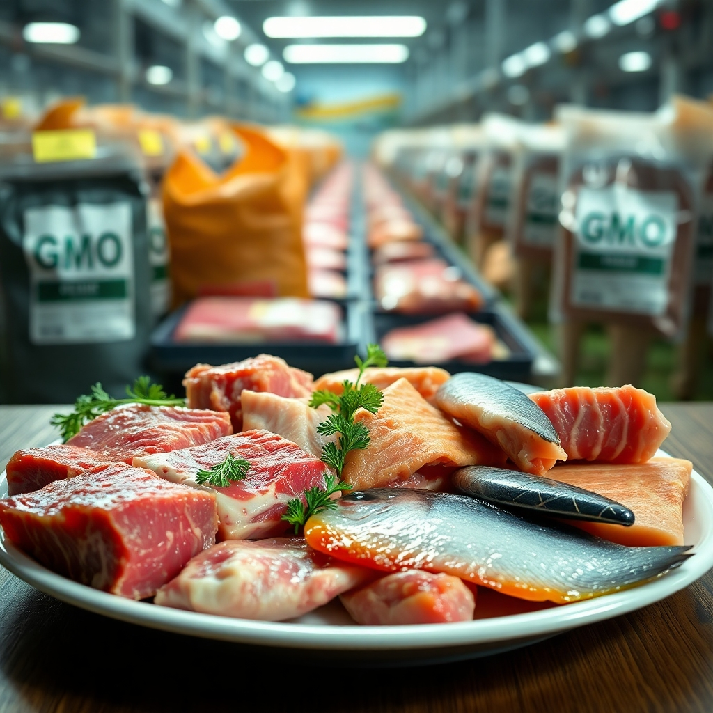 A contrasting scene: a plate overflowing with various raw, organic cuts of meat (steak, chicken, fish) in the foreground, while in the background, a blurry image of a factory farm with GMO-labeled feed bags and processed meats in plastic packaging. This highlights the potential GMO influence even within a carnivore diet.