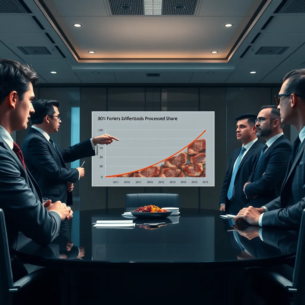 A corporate boardroom with executives in suits gathered around a table. One executive points to a graph depicting a declining market share for processed foods, with a rising curve representing the popularity of meat consumption. The executives appear tense and worried, highlighting the potential impact of the carnivore diet on their businesses.