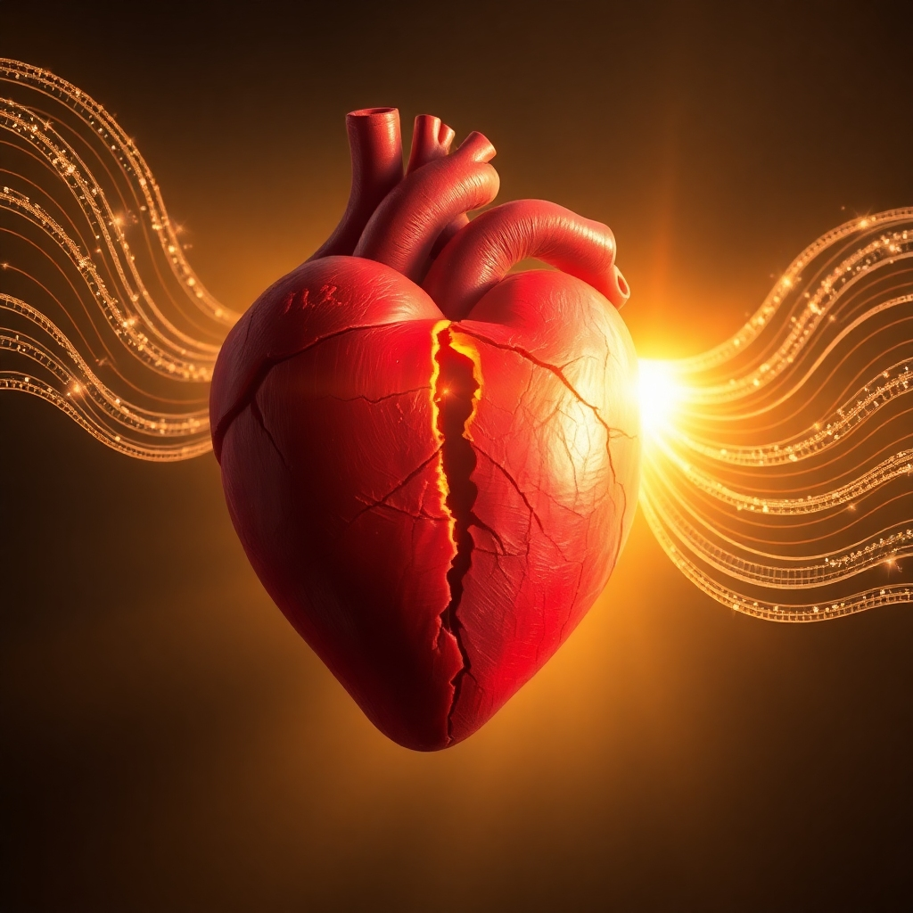 A cracked heart being mended by waves of 777Hz frequency. The light is soft and golden, representing healing and restoration. Style: Symbolic, with a focus on emotional impact. 4K resolution.