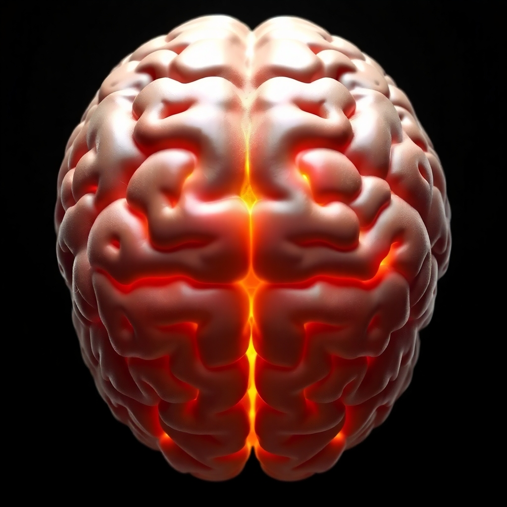 A detailed 3D rendering of a human brain with specific areas highlighted to represent tic-related neural pathways. The image should be scientifically accurate and visually engaging. Style: Scientific and informative. Camera angle: Close-up view of the brain.