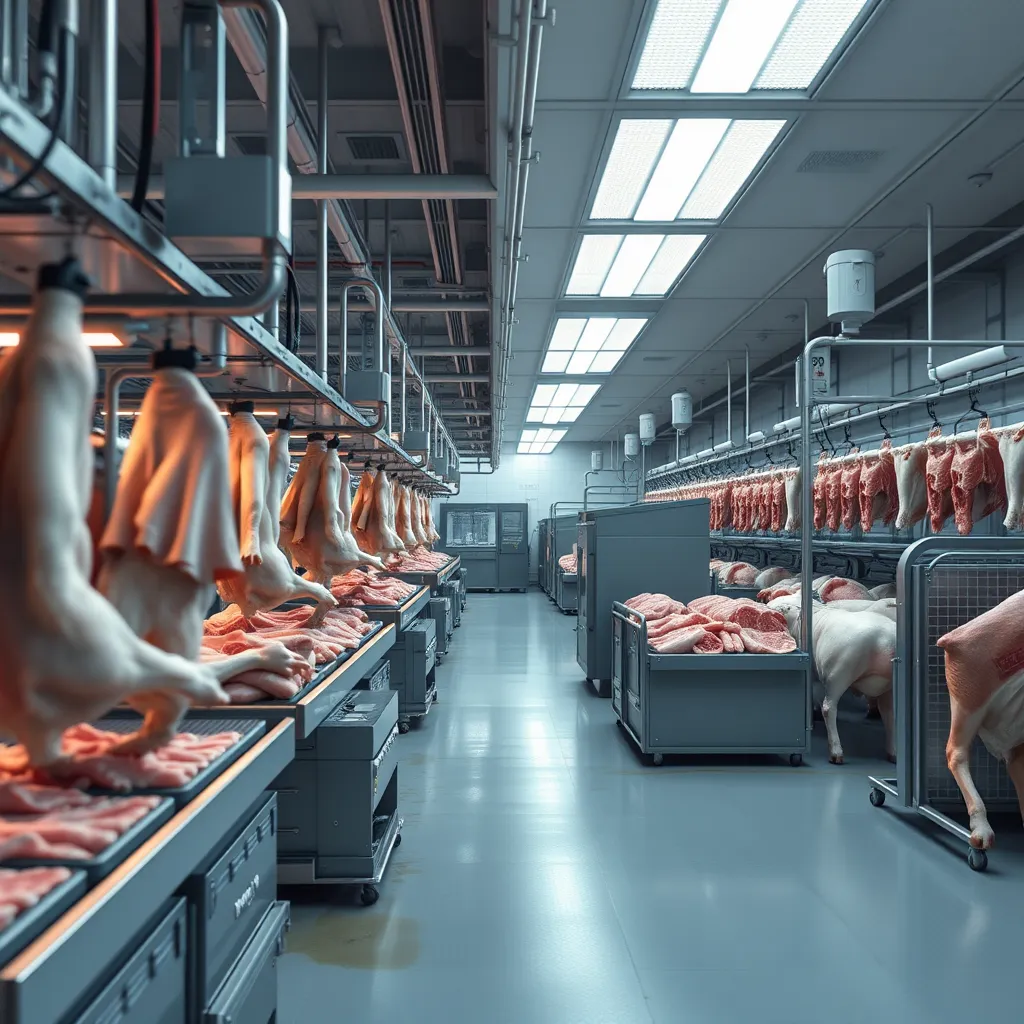 A detailed, photorealistic image of a modern slaughterhouse, showcasing its various processing sections. The image should focus on the equipment and machinery used for processing meat, highlighting the potential for improved animal welfare and food safety regulations. The image should also convey a sense of the complex and regulated nature of the slaughterhouse environment.
