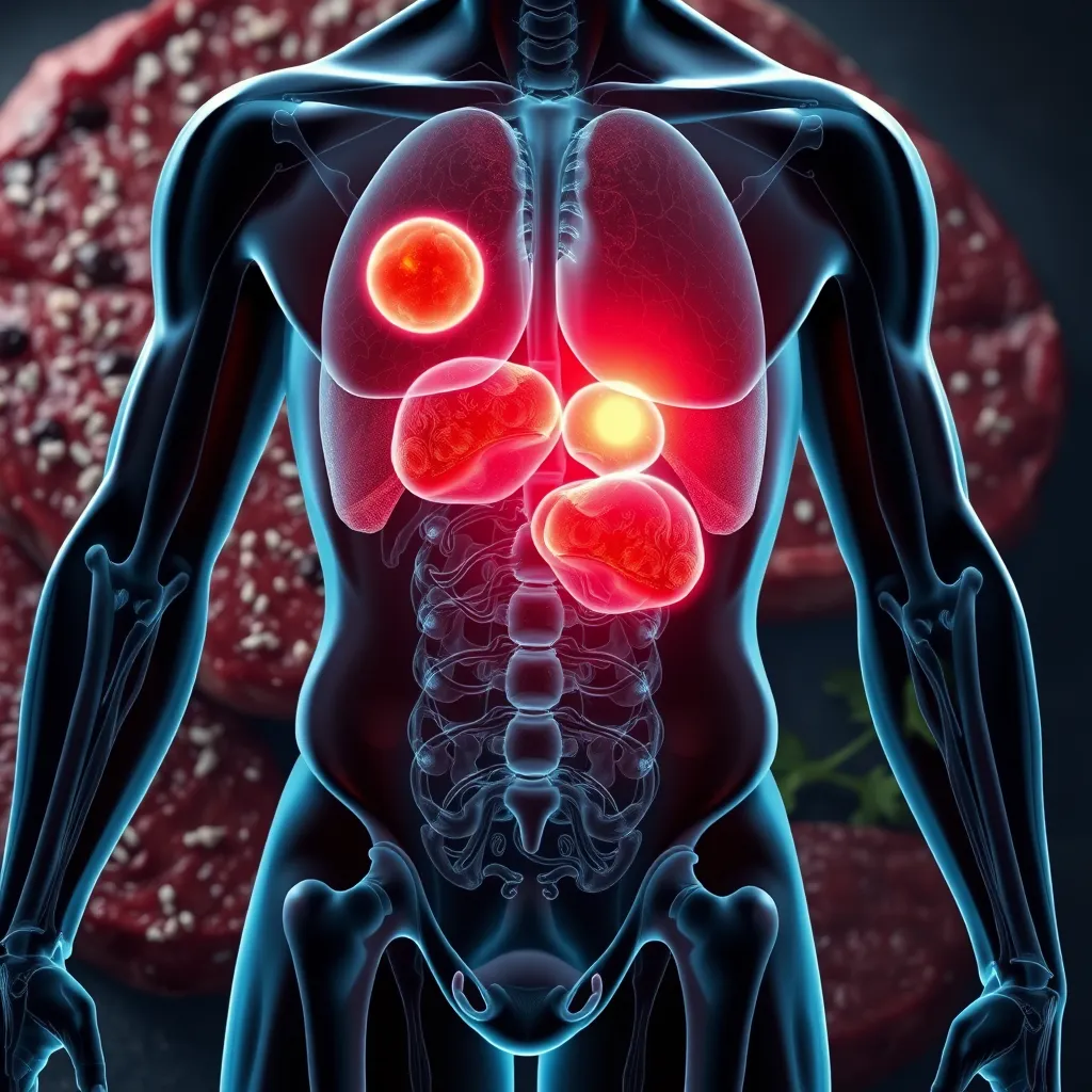 A detailed illustration of the human body with highlighted areas representing fat cells being broken down and used for energy. The background should be a stylized representation of a beef steak, emphasizing the connection between the diet and metabolic processes.