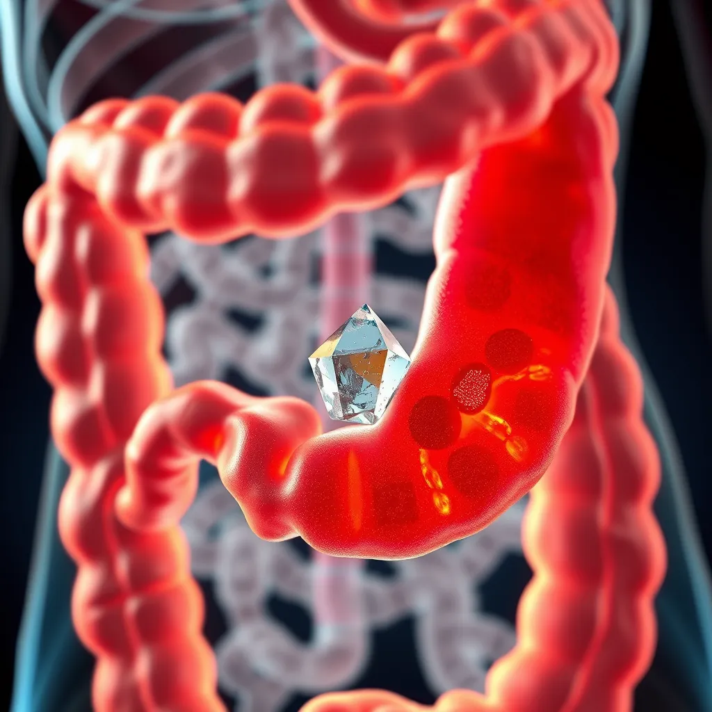 A detailed illustration of the human digestive system, with the small intestine highlighted in vibrant color, showing food being broken down and nutrients being absorbed. A tiny figure of magnesium in the form of a mineral crystal is present inside the intestine, representing its active role in digestion.