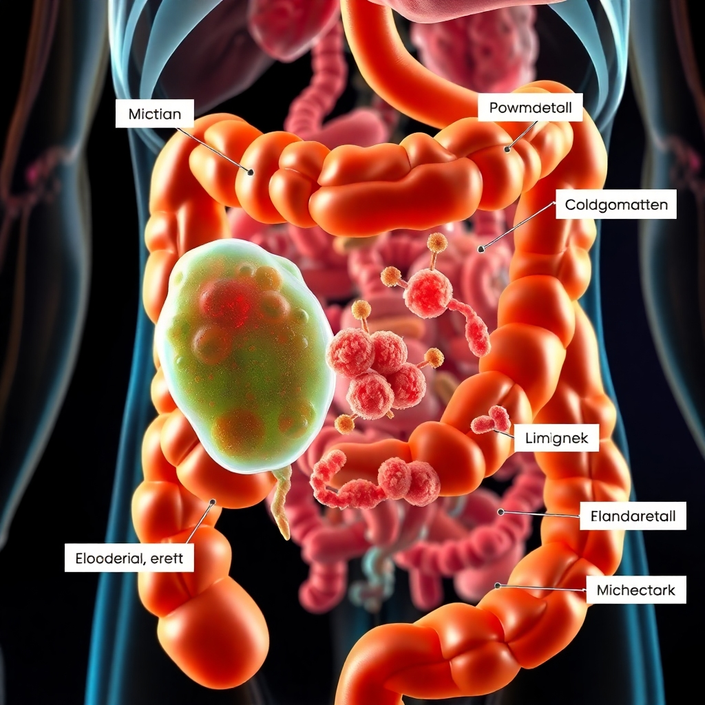 A detailed illustration of the human digestive system, showcasing different types of bacteria, including a prominent E. coli bacterium in the colon. Use vibrant colors and clear labeling to distinguish the different types of bacteria and their locations within the gut.