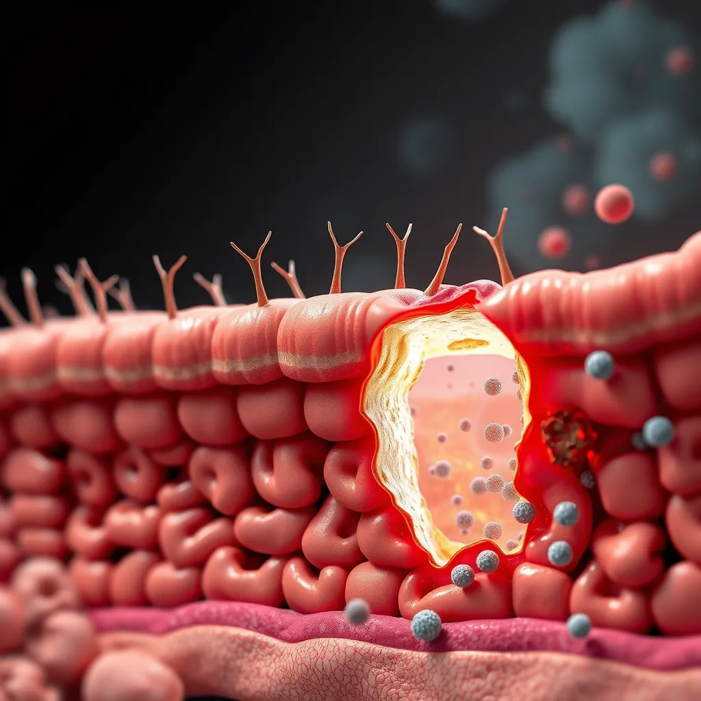 A detailed illustration of the intestinal wall with healthy cells and tight junctions, then transitioning to a scene where the wall is damaged with gaps, allowing undigested food particles to leak out and inflammatory cells to invade. Use bold colors and contrasting textures to highlight the difference.