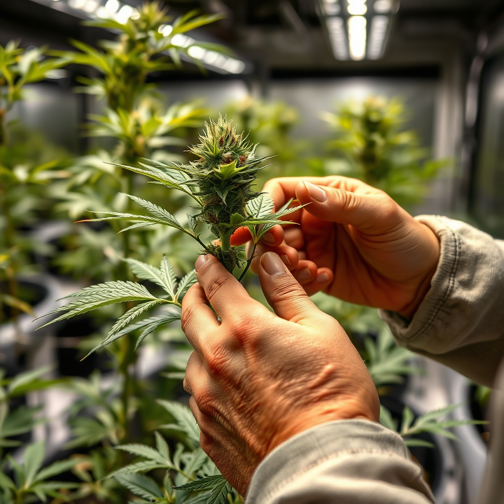 A detailed image showcasing a grower's hands carefully pruning an indica plant. The focus should be on the technique and precision of the pruning process. The background should be a well-lit indoor growing environment, with other indica plants visible in the background. The lighting should be bright and focused, highlighting the details of the pruning process. The camera angle should be a close-up, focusing on the hands and the plant. The overall style should be technical and informative.